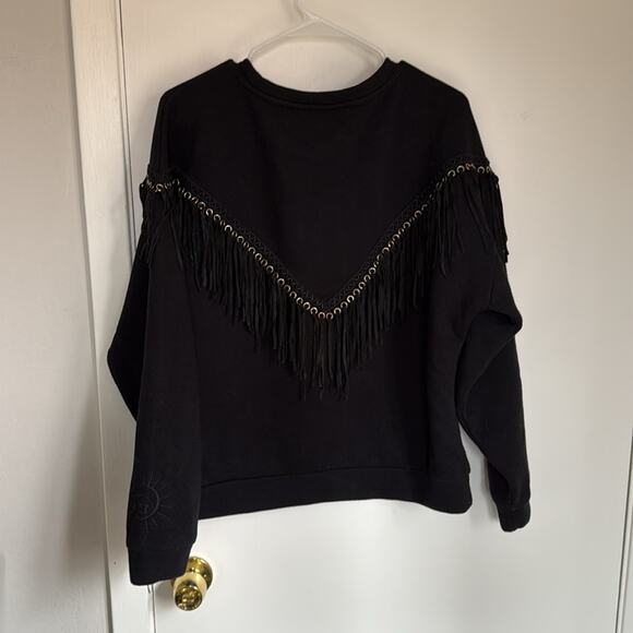 Hayley Menzies Ada Suede Fringe Cotton Blend Sweatshirt Size Large Solid Black - Picture 8 of 8
